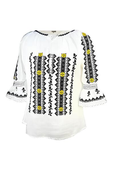 Inovius Bluza Tip Ie Traditionala Alba cu Motiv Geometric Negru de Dama - IMS...