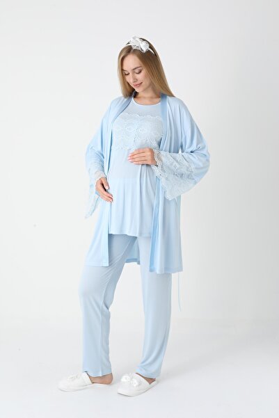 BLACKMORE Women's Blue Special Lace Design Cotton Winter Maternity Pajama Set with Dressing Gown 3' Pajama Set