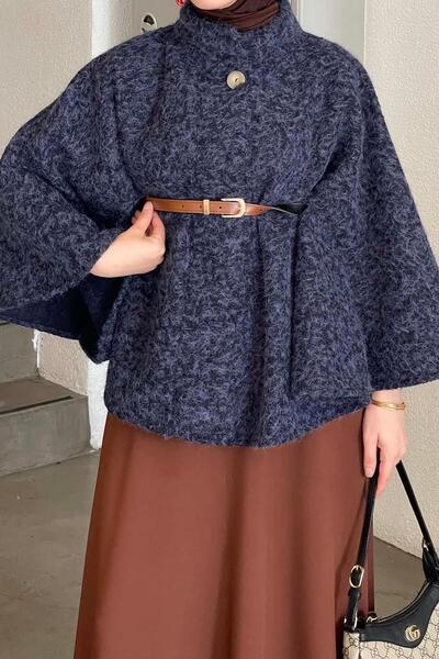 lamelif Hakim Collar Belt Detailed Cashmere Poncho Navy Blue