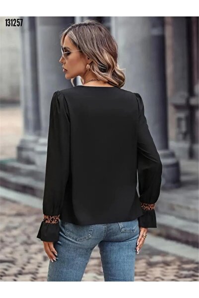 GButik's Women's V-Neck Leopard Detail Crepe New Style Blouse