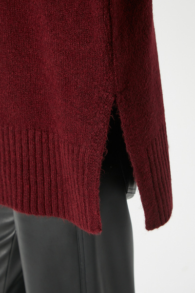 Ritnice Women's Wonder Soft Mock Neck Claret Red Slit Oversized Knitwear Sweater