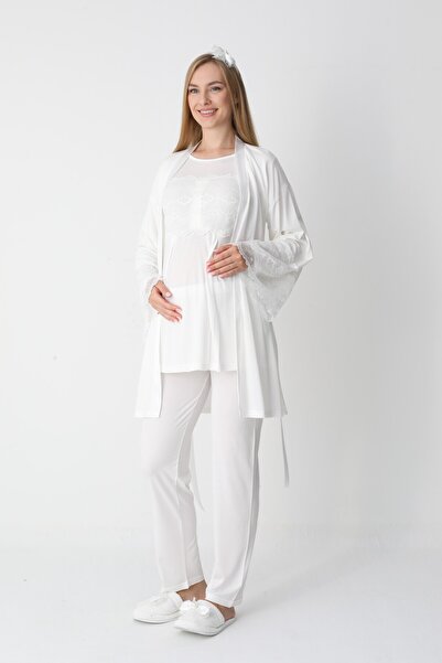 BLACKMORE Women's Ecru Special Lace Design Cotton Winter Maternity Pajama Set with Dressing Gown 3' Pajama Set