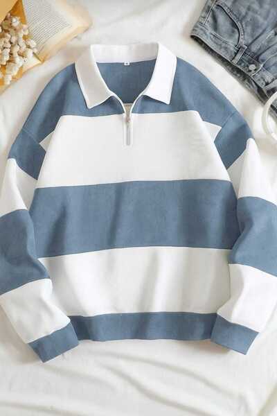 BRLKN Φούτερ Unisex ριγέ Oversize Polo με μισό φερμουάρ