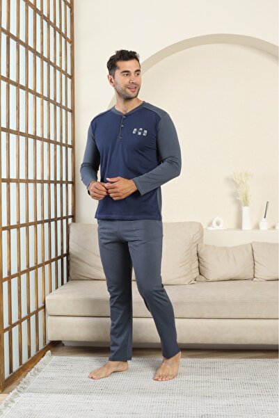 LİLA İÇ GİYİM Men's Combed Cotton Pocketed Pajama Set - Blue