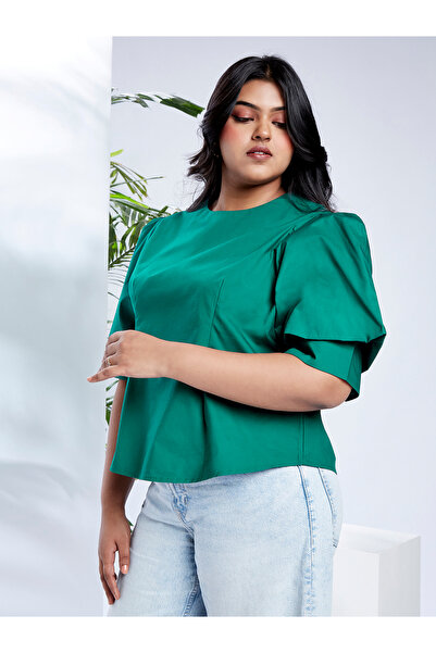 Globus By Styli Plus Size Emerald Green Top with Puff Sleeves