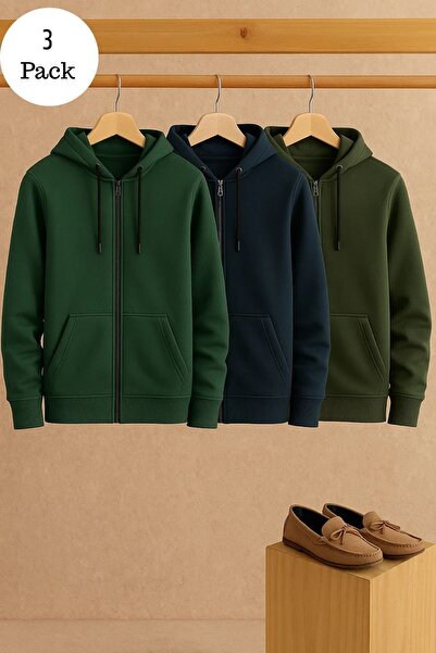 DAMGA JEANS Men's Casual Zippered Hooded 3-Piece Sweatshirt