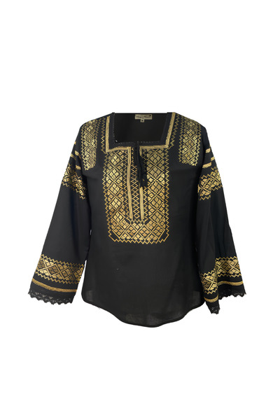 Inovius Bluza Tip Ie Neagra cu Motiv Geometric Auriu - BMG05 3XL