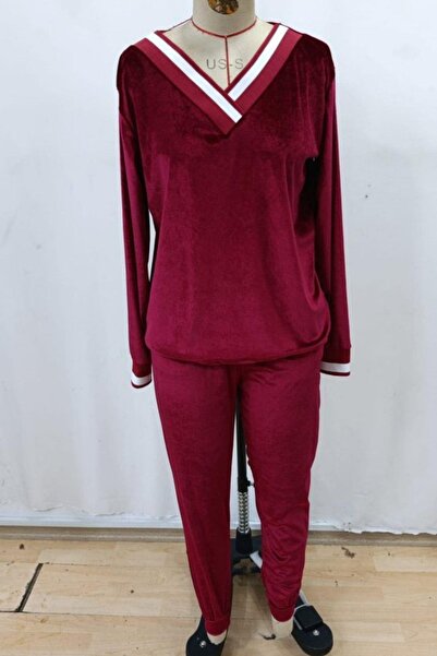 Mossta V-Neck Long Sleeve Velvet Blouse Pants Two-Piece Set - Red