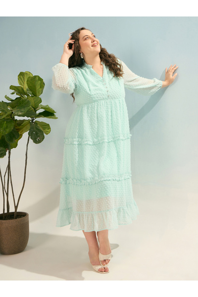 Sassafras By Styli Plus Size Dobby Buttoned Tiered Midi Dress