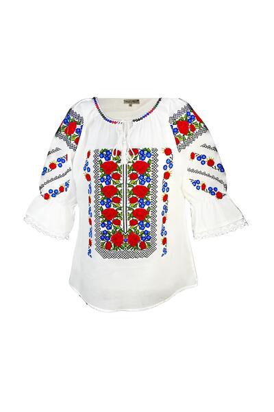 Inovius Bluza Tip Ie Traditionala Alba cu Motiv Floral Rosu de Dama - IMS57 M