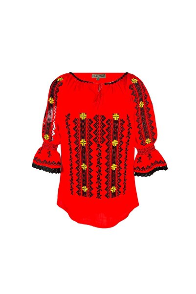 Inovius Bluza Tip Ie Traditionala Rosie cu Motiv Geometric Negru de Dama - IM...