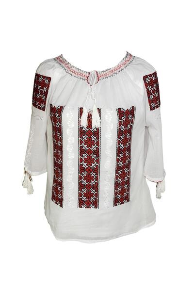 Inovius Bluza Tip Ie Traditionala Alba cu Motiv Geometric Rosu de Dama - IMS75 M