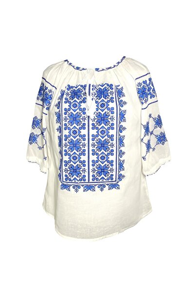 Inovius Bluza Tip Ie Traditionala Alba cu Motiv Floral Albastru de Dama - IMS...