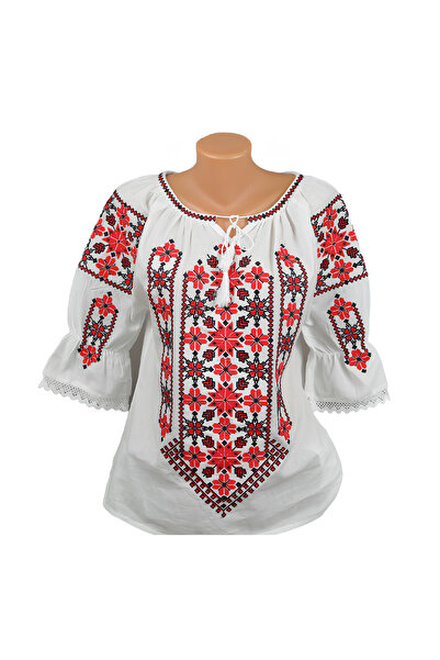 Inovius Bluza Tip Ie Traditionala Alba cu Motiv Geometric Rosu de Dama - IMS1...