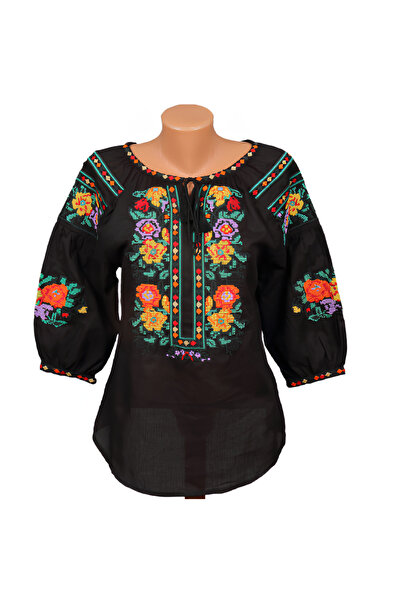 Inovius Bluza Tip Ie Neagra cu Motiv Floral Multicolor - BMG41 3XL