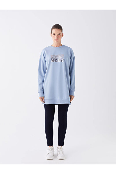 LC Waikiki Lcwaikiki Basic Blue Crew Neck Printed Long Sleeve Oversized Women's Sweatshirt Tunik