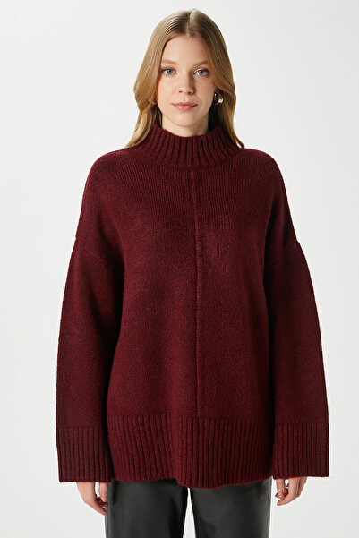 Ritnice Women's Wonder Soft Mock Neck Claret Red Slit Oversized Knitwear Sweater