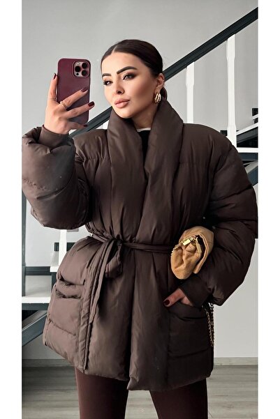 Oslove Coffee Double-Breasted belted puffer jacket