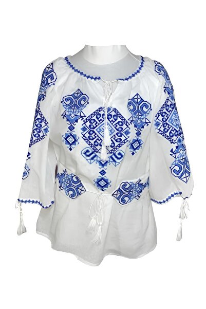 Inovius Bluza Tip Ie Traditionala Alba cu Motiv Geometric Albastru de Dama - ...