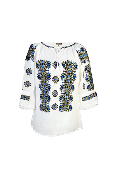 Inovius Bluza Tip Ie Traditionala Alba cu Motiv Geometric Albastru de Dama - ...