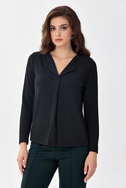 İKİLER Katlanabilir Yaka Uzun Kol Bluz 256-1006