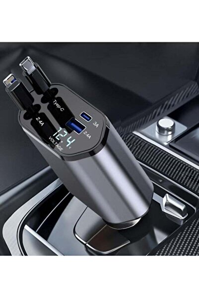 OPERIE Retractable 4-in-1 Car Charger with 2 Retractable Cables and USB-C for iPhone/Galaxy/Pixel