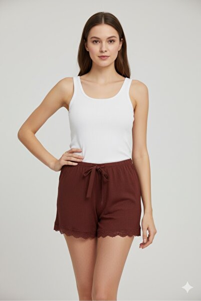 OEM Bambu Corded Fabric Women's Home Shorts Leg Lace Detailed Home Wear Dark Tan