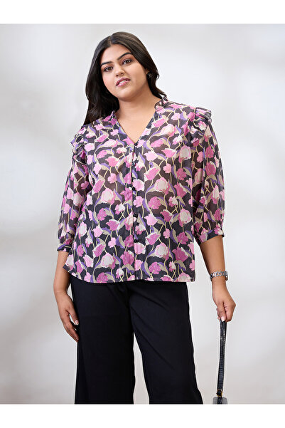 Globus By Styli Plus Size Floral Print Puff Sleeve Blouse