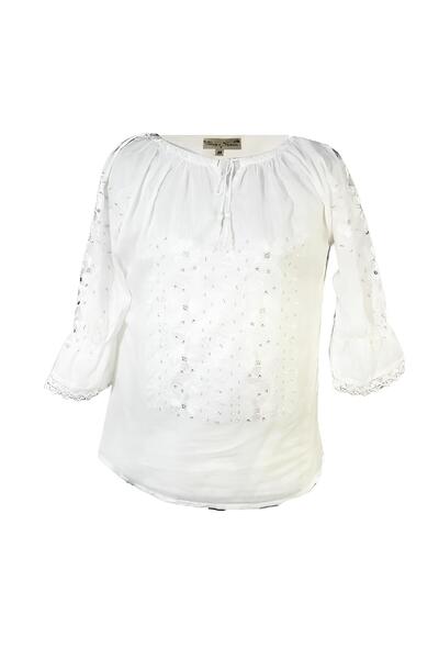 Inovius Ie Traditionala Alba cu Motiv Floral Argintiu de Dama - IMS04 XXL