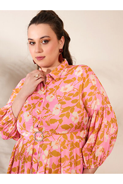 Sassafras By Styli Plus Size Pink Floral Shirt Midi Dress