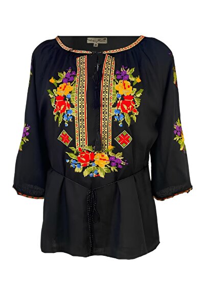 Inovius Ie Traditionala Neagra cu Motiv Floral Multicolor de Dama- IMS10 S