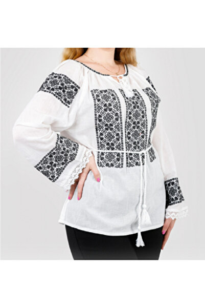 Inovius Bluza Tip Ie Alba cu Motiv Geometric Negru - BMG84 M