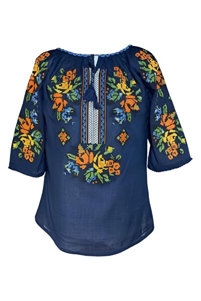 Inovius Bluza Tip Ie Traditionala Albastra cu Motiv Floral Multicolor de Dama...