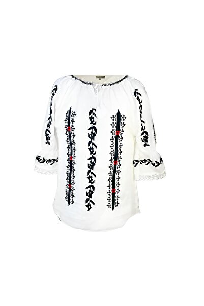 Inovius Bluza Tip Ie Traditionala Alba cu Motiv Geometric Negru de Dama - IMS...