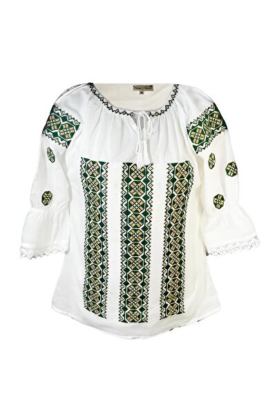 Inovius Bluza Tip Ie Traditionala Alba cu Motiv Geometric Verde de Dama - IMS...