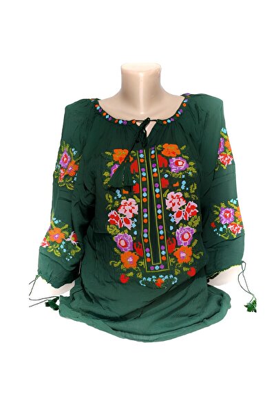 Inovius Ie Traditionala Verde cu Motiv Floral Multicolor de Dama - IMS24 XXL