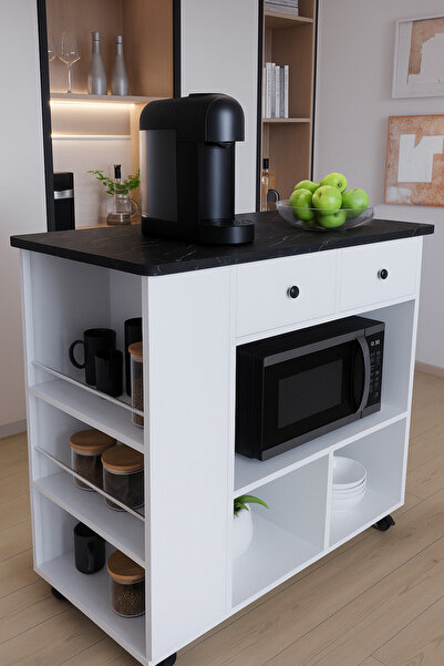 İGEMTASARİM Tekerlekli i Kahve Köşesi Dolabı Oval Kenarlı Mikrodalga ve Tost Makinesi Uyumlu, Modern Tasarım