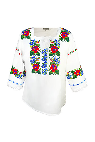 Inovius Bluza Tip Ie Alba cu Motiv Floral Multicolor - BMG21 3XL