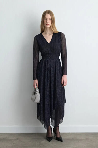 Gusto Asymmetrical Cut V-Neck Glitter Evening Dress - Navy Blue