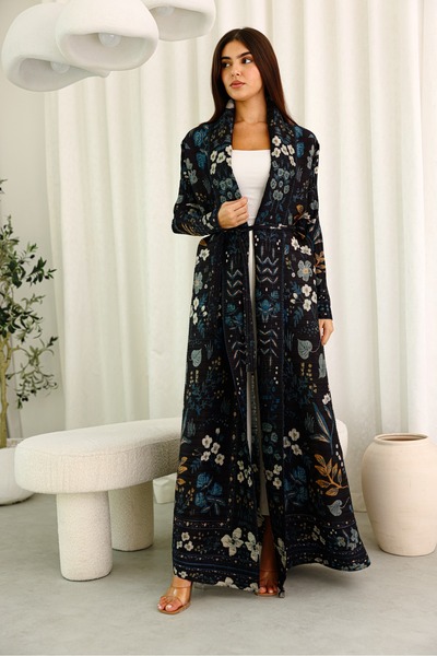 IKKXA عباية مفتوحة بحزام مطبوع بأزهار داكنة