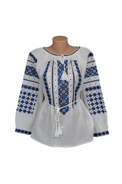 Inovius Ie Traditionala Alba cu Motiv Geometric Albastru- IML22 S