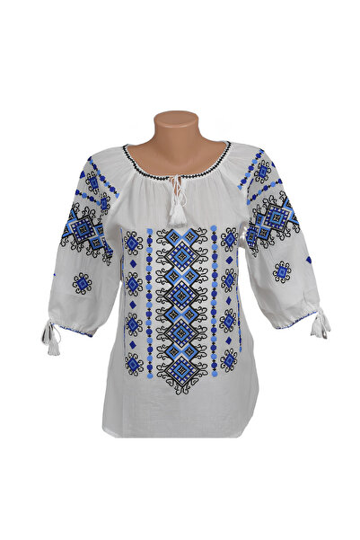 Inovius Bluza Tip Ie Traditionala Alba cu Motiv Geometric Albastru de Dama - ...