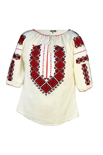 Inovius Ie Traditionala Crem cu Motiv Geometric Rosu de Dama - IMS13 S