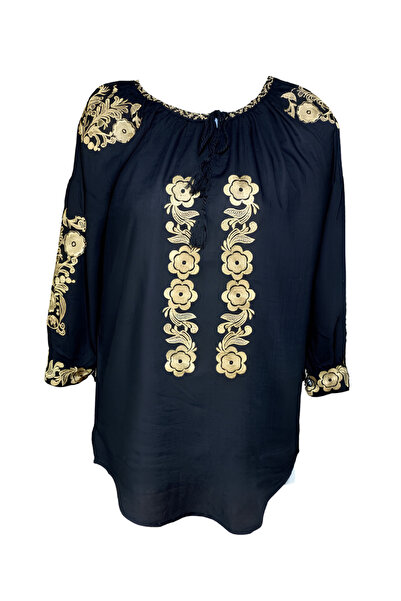 Inovius Black Blouse with Gold Floral Motif - BMG153 XL