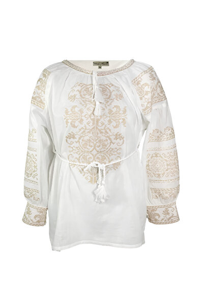 Inovius Bluza Alba cu Motiv Floral Crem - BMG173 XXL