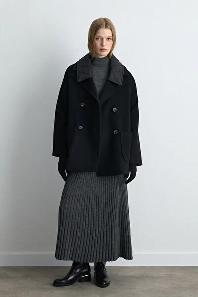 Gusto Quilted Collar Wool Coat - Black