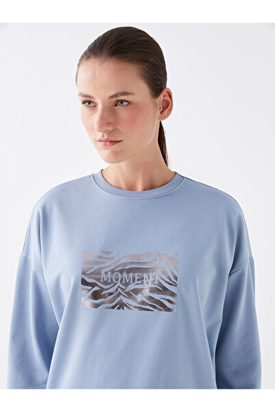 LC Waikiki Lcwaikiki Basic Blue Crew Neck Printed Long Sleeve Oversized Women's Sweatshirt Tunik