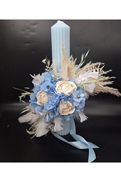 Yellow Tulip Lumanare botez 40cm bleu, hortensie criogenata, plante uscate si...