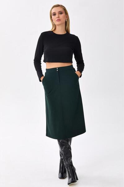 İKİLER Beli Lastikli Çıtçıtlı Cep Detaylı Etek 256-2011