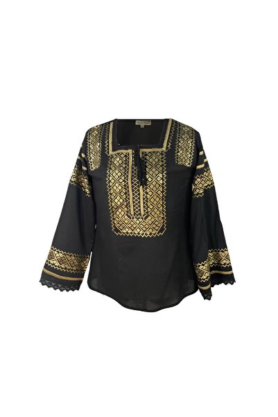 Inovius Bluza Tip Ie Traditionala Neagra cu Motiv Geometric Auriu de Dama - I...